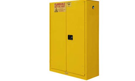 “Secure 45 gal. Flammable Safety Cabinet: Durable Steel, 2 Shelves, Yellow Coat”