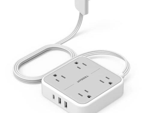 Compact Charging Station: Flat Plug Power Strip, 5ft Extension Cord with USB Charger and 4 Slim Outlets