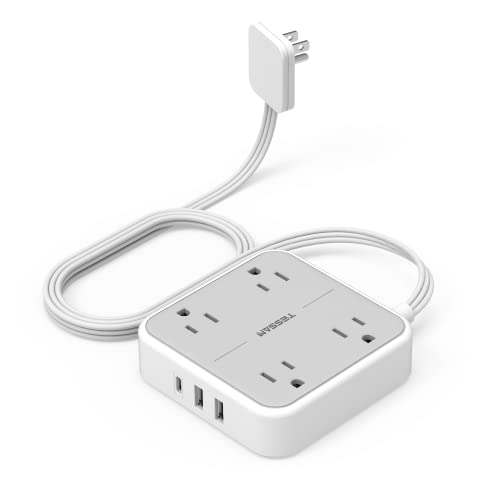 Compact Charging Station: Flat Plug Power Strip, 5ft Extension Cord with USB Charger and 4 Slim Outlets
