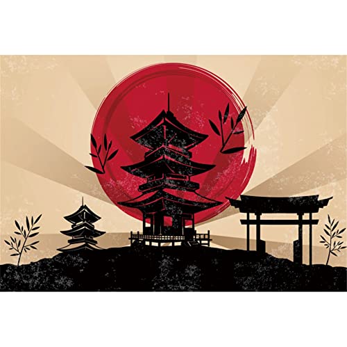 “Captivating Japan Temple: Fuji Mountain, Red Sun – Exquisite Ukiyo-E Style Backdrop”