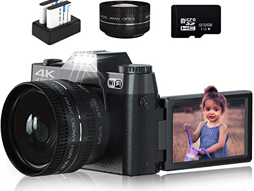 “Capture Life’s Moments: 4K 48MP Vlogging Camera with WiFi, Flip Screen, Zoom, Wide Angle Lens, 32GB TF Card, 2 Batteries”