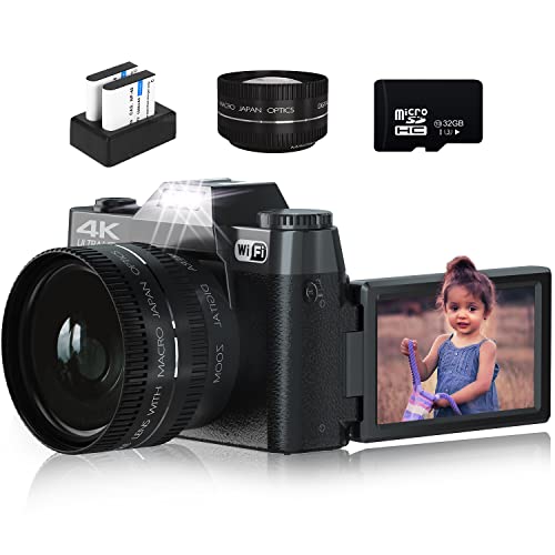 “Capture Life’s Moments: 4K 48MP Vlogging Camera with WiFi, Flip Screen, Zoom, Wide Angle Lens, 32GB TF Card, 2 Batteries”
