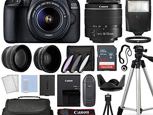 Powerful Canon DSLR Camera Bundle: 4000D / Rebel T100 Body, EF-S 18-55mm Lens, 64GB Flash & More!
