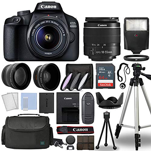 Powerful Canon DSLR Camera Bundle: 4000D / Rebel T100 Body, EF-S 18-55mm Lens, 64GB Flash & More!