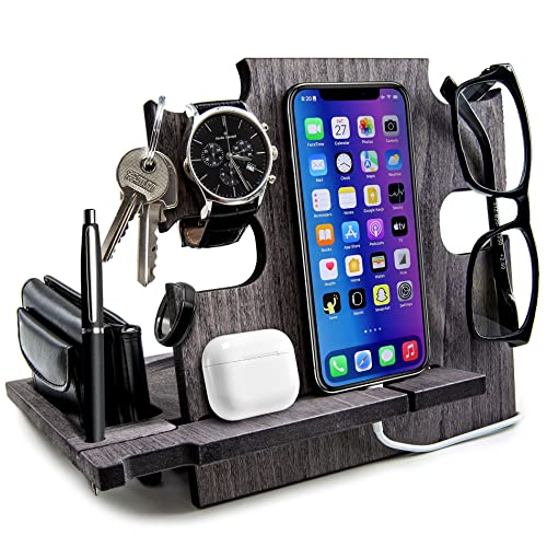 “Ultimate Manly Organizer: Wood Watch Stand & Phone Dock (Slate Gray)”