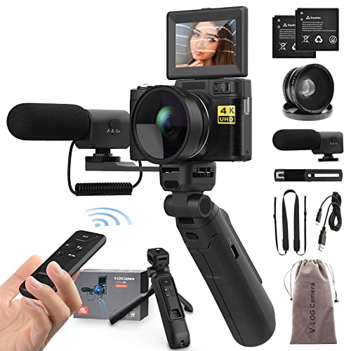 Ultimate Vlogger Kit: 48MP 4K Camera, Remote Control, Flip Screen, Tripod, Wide-Angle Lens, Mic, Batteries