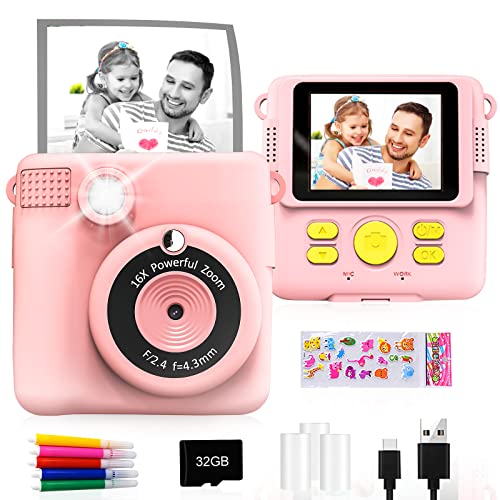 Capture Memories Instantly – GKTZ HD Print Camera – Perfect Gift for Kids – Portable Toy with Paper, Pens & 32GB Card – Pink
