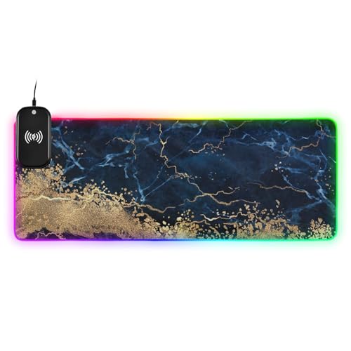 Elevate Your Desk: Luxe White Blue Marble Mousepad, Wireless Charging, 14 Lighting Effects, 35.4×15.7 in