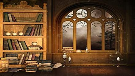 Enchanting Vintage Room Photo Backdrop: Bookcase, Moon, Candle