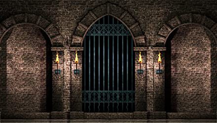Gothic Castle Photography Backdrop: Ancient Stone Wall, Iron Gates, Torches – Create Spooky Atmosphere!