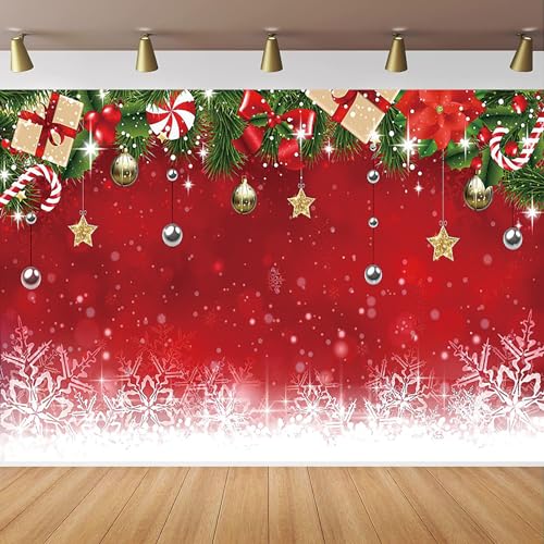 Capture Festive Moments: Christmas Red Backdrop with Snowflakes – Ideal for Merry Xmas Photography