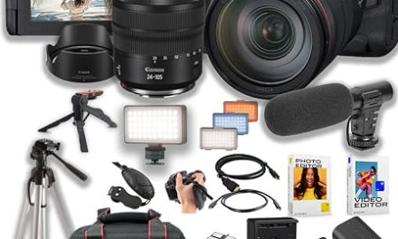 Capture the Ultimate Video Bundle: Canon EOS R5 Mirrorless Camera with RF 24-105mm f/4 L is USM Lens, 128GB Pro Speed Memory, LED Video Light, Microphone, Case, Tripod, and Software Pack