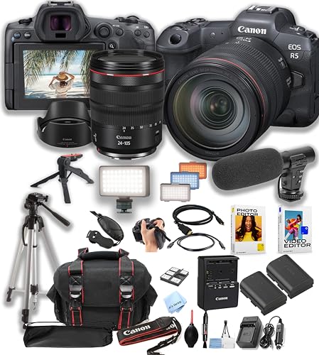 Capture the Ultimate Video Bundle: Canon EOS R5 Mirrorless Camera with RF 24-105mm f/4 L is USM Lens, 128GB Pro Speed Memory, LED Video Light, Microphone, Case, Tripod, and Software Pack