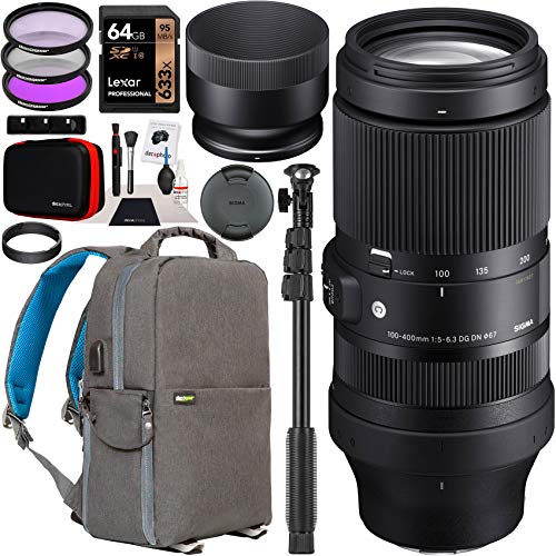 Capture More with Sigma 100-400mm Lens for Sony E-Mount Mirrorless Cameras: Bundle Includes Backpack, Filters, Card, Monopod & More!
