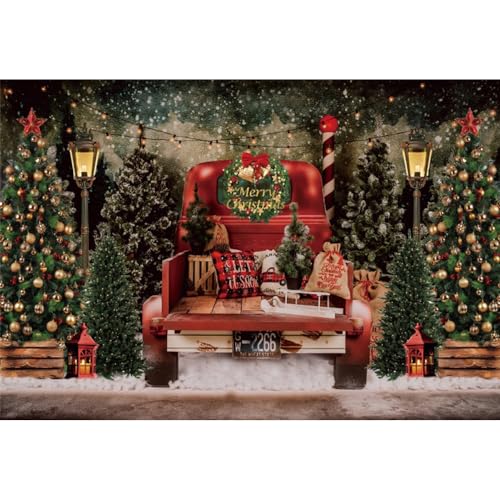 Capture Magical Christmas Moments with Vintage Red Truck and Christmas Tree Backdrop