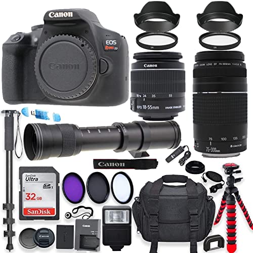 Capture Your World: Canon Rebel T7 DSLR + 18-55mm & 75-300mm Lenses, 32GB Memory, Spider Tripod, and More!