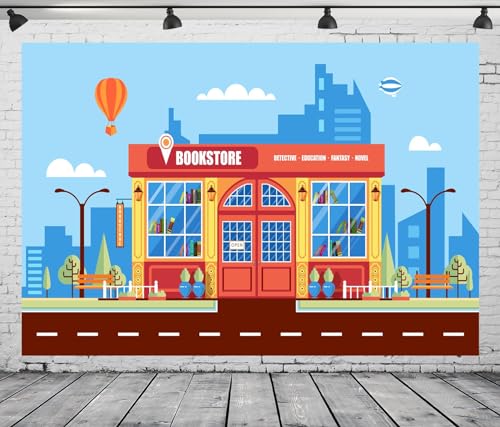 Capture the Magic: 20x10ft Cartoon Bookstore Backdrop – Perfect for Kids’ Parties & Baby Showers!