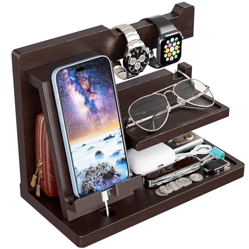 Yirilan Wood Phone Dock: Nightstand Organizer & Perfect Gifts for Men – Dad, Boyfriend, Grandpa. Ideal for Anniversaries, Christmas, Graduation & Travel.